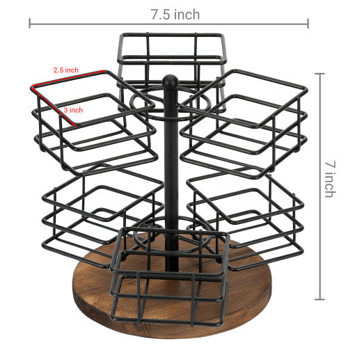 Tea Bags Storage Carousel w/ Dark Brown Burnt Wood & Black Metal Wire-MyGift