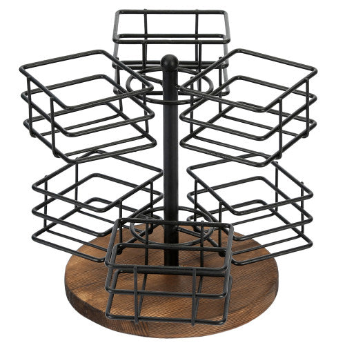 Tea Bags Storage Carousel w/ Dark Brown Burnt Wood & Black Metal Wire-MyGift