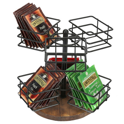 Tea Bags Storage Carousel w/ Dark Brown Burnt Wood & Black Metal Wire-MyGift