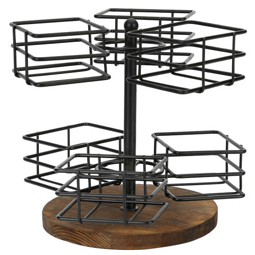 Tea Bags Storage Carousel w/ Dark Brown Burnt Wood & Black Metal Wire-MyGift