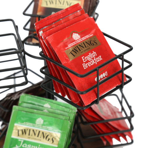 Tea Bags Storage Carousel w/ Dark Brown Burnt Wood & Black Metal Wire-MyGift
