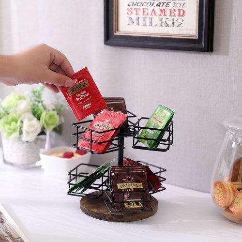 Tea Bags Storage Carousel w/ Dark Brown Burnt Wood & Black Metal Wire-MyGift