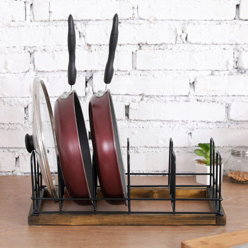 Kitchen Pot Rack w/ Rustic Burnt Wood & Industrial Black Metal Wire-MyGift