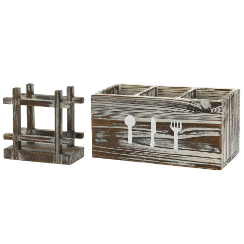 Torched Wood Napkin Holder & Utensil Caddy, 2 Piece Set-MyGift
