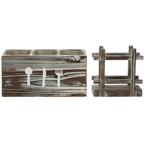 Torched Wood Napkin Holder & Utensil Caddy, 2 Piece Set-MyGift
