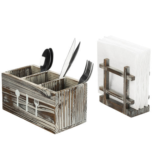 Torched Wood Napkin Holder & Utensil Caddy, 2 Piece Set-MyGift