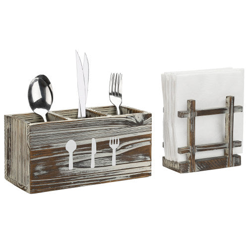 Torched Wood Napkin Holder & Utensil Caddy, 2 Piece Set-MyGift