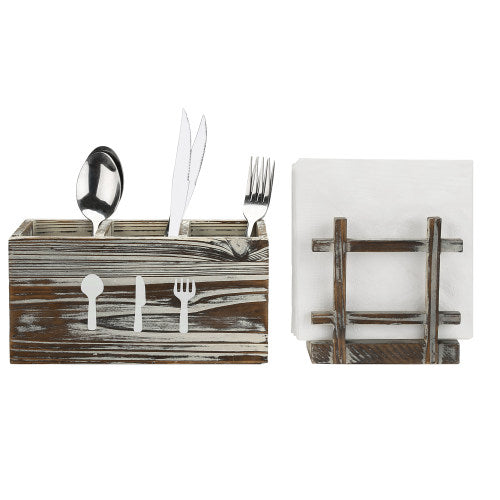 Torched Wood Napkin Holder & Utensil Caddy, 2 Piece Set-MyGift