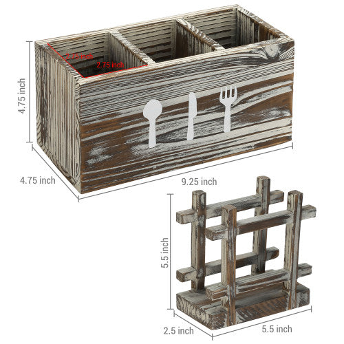 Torched Wood Napkin Holder & Utensil Caddy, 2 Piece Set-MyGift