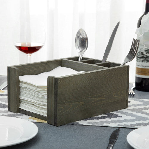Vintage Gray Wood Napkin Rack w/ Dining Utensil Organizer-MyGift