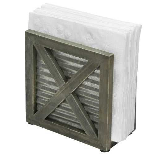 Barnwood Style Gray Wood & Galvanized Metal Napkin Holder-MyGift