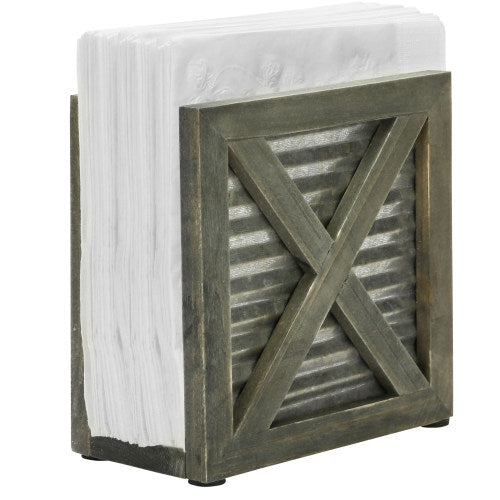 Barnwood Style Gray Wood & Galvanized Metal Napkin Holder-MyGift