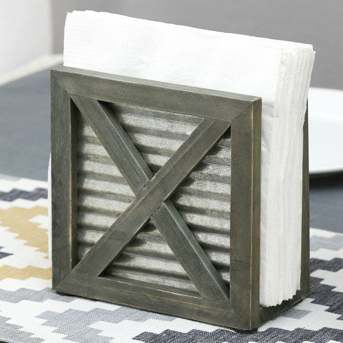 Barnwood Style Gray Wood & Galvanized Metal Napkin Holder-MyGift