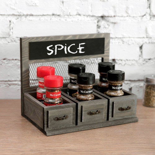 Gray Wood & Chicken Wire Spice Rack w/ Drawer Style Design & Chalkboard-MyGift