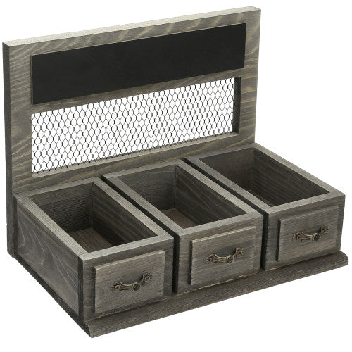 Gray Wood & Chicken Wire Spice Rack w/ Drawer Style Design & Chalkboard-MyGift