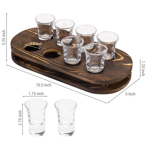 Dark Brown Burnt Solid Wood Shot Glass Tray w/ 8 Shot Glasses-MyGift