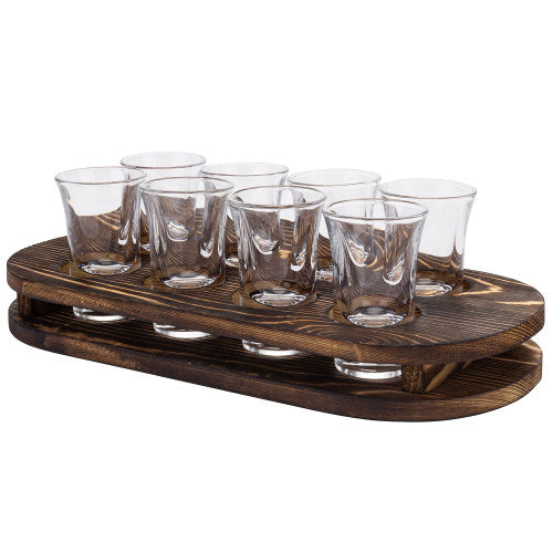 Dark Brown Burnt Solid Wood Shot Glass Tray w/ 8 Shot Glasses-MyGift