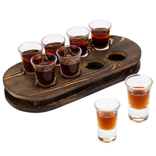 Dark Brown Burnt Solid Wood Shot Glass Tray w/ 8 Shot Glasses-MyGift