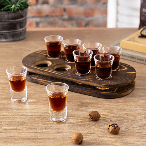 Dark Brown Burnt Solid Wood Shot Glass Tray w/ 8 Shot Glasses-MyGift