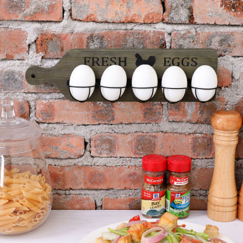Gray Wood & Black Metal Cutting Board Design Farm Fresh Egg Rack-MyGift