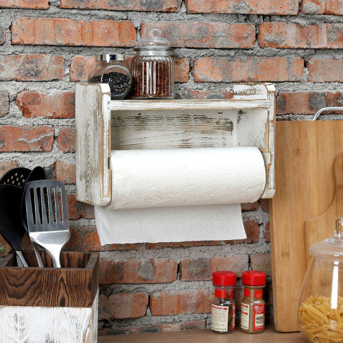 Shabby-Chic Whitewashed Wood Paper Towel Holder w/ Shelf-MyGift