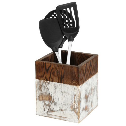 Shabby-Chic Whitewashed & Burnt Wood Kitchen Utensil Holder-MyGift