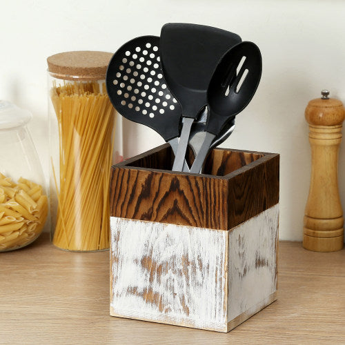 Shabby-Chic Whitewashed & Burnt Wood Kitchen Utensil Holder-MyGift