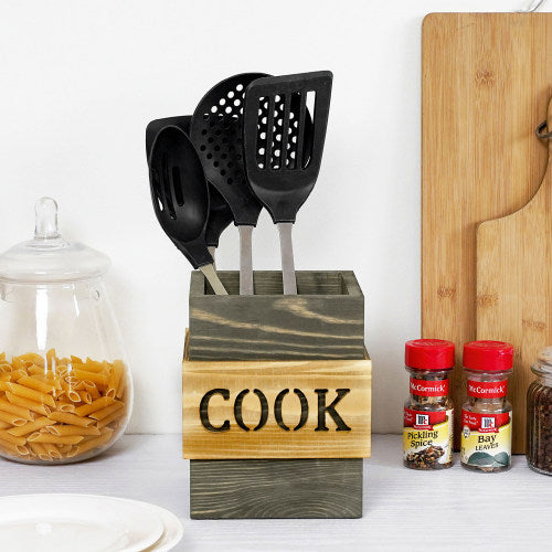 Vintage Gray & Light Brown Burnt Wood Utensil Holder-MyGift