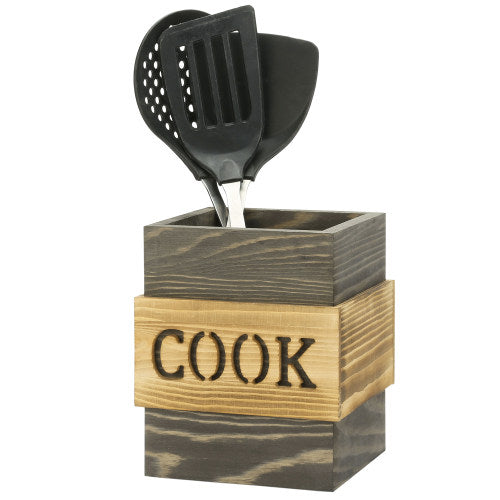 Vintage Gray & Light Brown Burnt Wood Utensil Holder-MyGift
