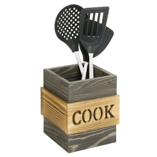 Vintage Gray & Light Brown Burnt Wood Utensil Holder-MyGift