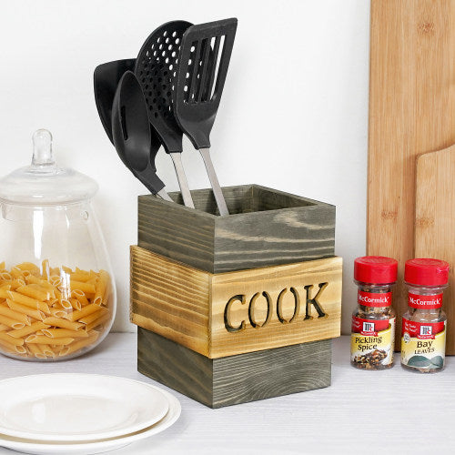 Vintage Gray & Light Brown Burnt Wood Utensil Holder-MyGift