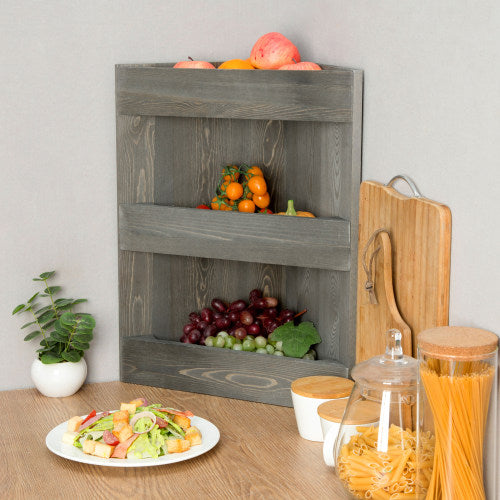 Vintage Gray Wood Corner Fruit Bowl & Organizer Rack-MyGift