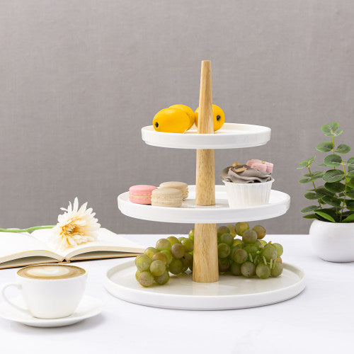 White Ceramic & Natural Brown Wood Dessert Display Stand-MyGift
