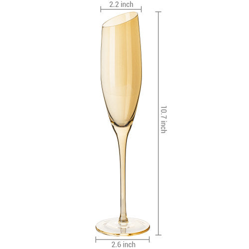 Set of 4, Angled Rim Amber Tone Semi-Transparent Stemware Champagne Flute Glasses-MyGift