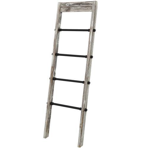 Rustic Torched Wood and Industrial Black Metal Pipe Ladder Rack - MyGift