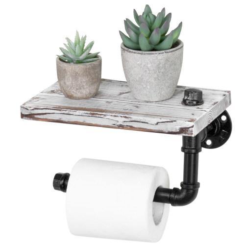 Industrial-Style Whitewashed Toilet Paper Holder with Shelf - MyGift