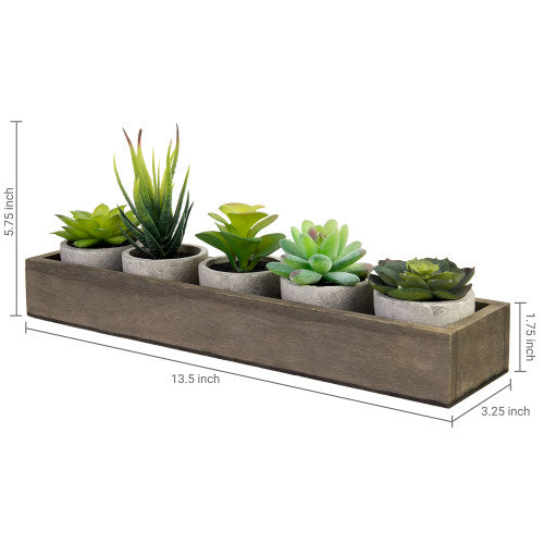Artificial Succulent Plants in Cement Pots w/ Brown Wood Planter Box-MyGift
