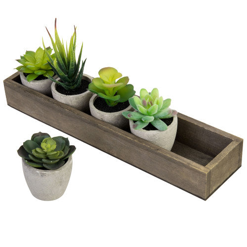 Artificial Succulent Plants in Cement Pots w/ Brown Wood Planter Box-MyGift