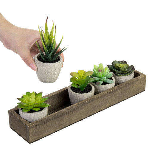 Artificial Succulent Plants in Cement Pots w/ Brown Wood Planter Box-MyGift