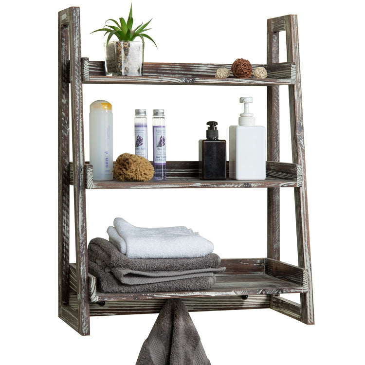 3-Tier Torched Wood Wall-Mounted Cascading Ladder Shelves with 3 Peg Hooks-MyGift