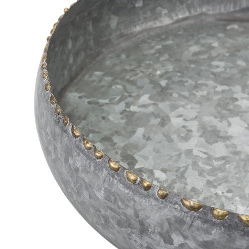 Galvanized Silver Metal Planter Bowl w/ Brass-Tone Pebbled Rim-MyGift