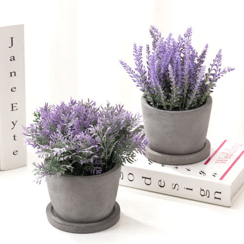 Artificial Lavender Plants in Gray Cement Planter w/ Trays, Set of 2-MyGift