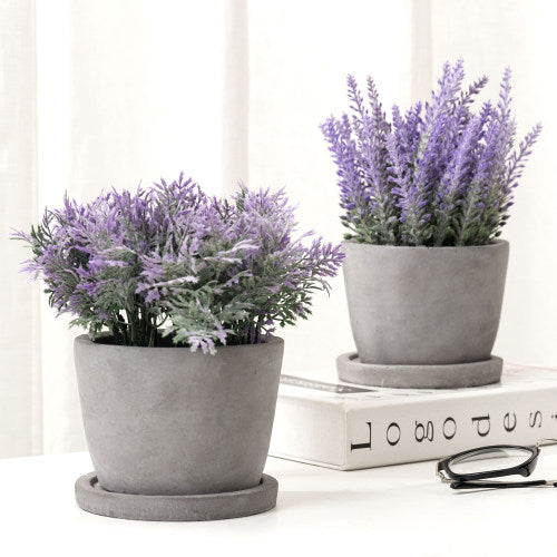 Artificial Lavender Plants in Gray Cement Planter w/ Trays, Set of 2-MyGift