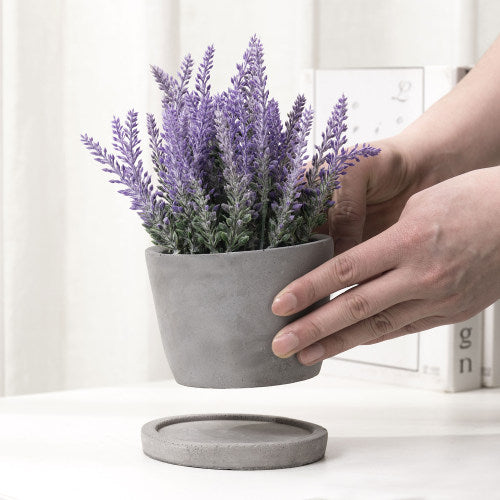 Artificial Lavender Plants in Gray Cement Planter w/ Trays, Set of 2-MyGift