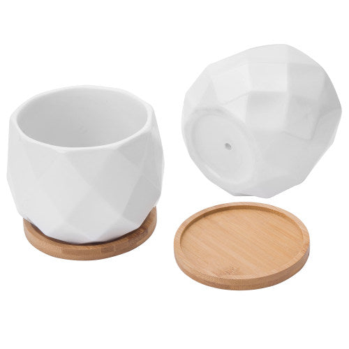 Round White Geometric 4 Inch Ceramic Planter Pots with Bamboo Tray, Set of 2-MyGift