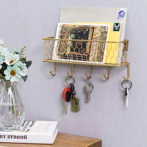 Gold Metal Mail Sorter with Chicken Wire Mesh Basket & Key Hooks - MyGift