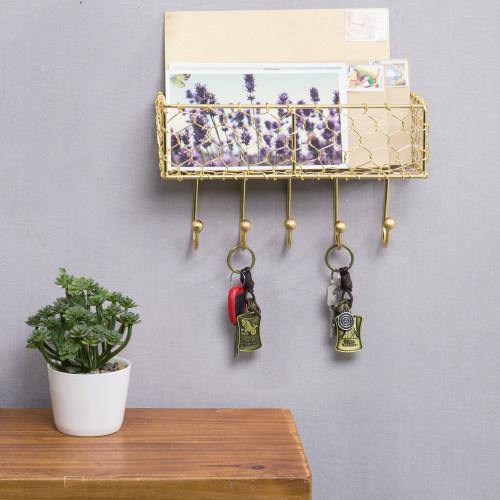 Modern Brass Metal Chicken Wire Mail Sorter Rack w/ Key Hooks - MyGift