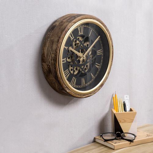 Burnt Wood & Brass Tone Wall Clock with Exposed Mechanical Gears - MyGift