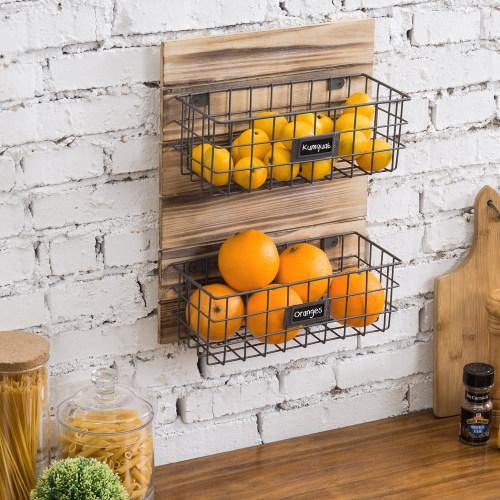 Rustic Wood Metal Wire Wall Mounted Basket Rack w Label Holders