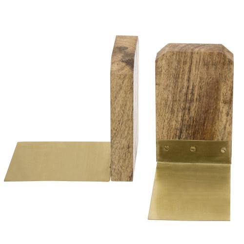 Brass Metal and Natural Mango Solid Wood Bookends - MyGift